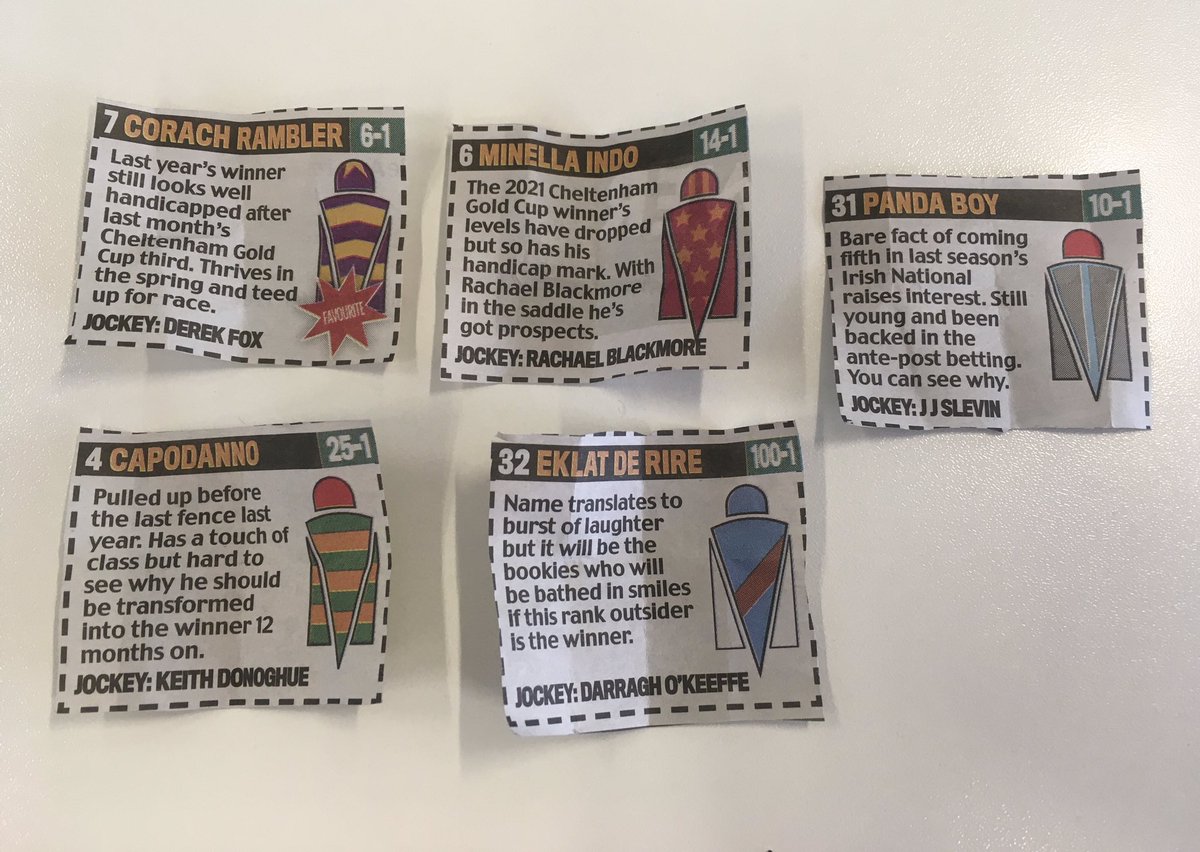 Can Corach Rambler do it again for @lucindavrussell at the @AintreeRaces #GrandNational tomorrow? How are my office sweepstake picks looking? 🤞🏼🏇