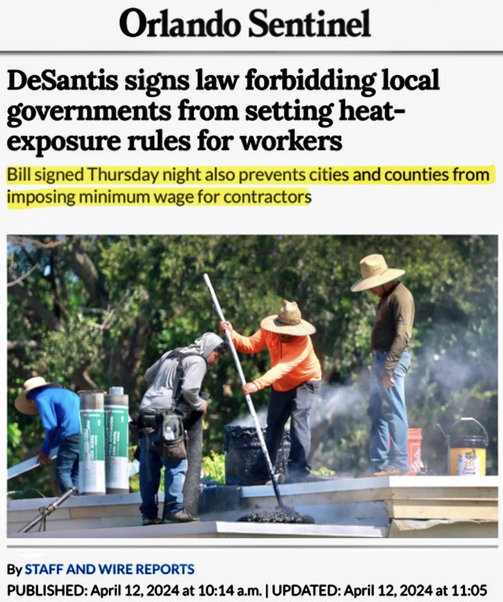 A new DeSantis law, written by corporate lobbyists, blocks cities from enacting protections for outdoor workers in extreme heat and bans minimum wage requirements for gov’t contractors. Greedy corporations have way too much political power. 😡 Why not put PEOPLE OVER PROFITS???