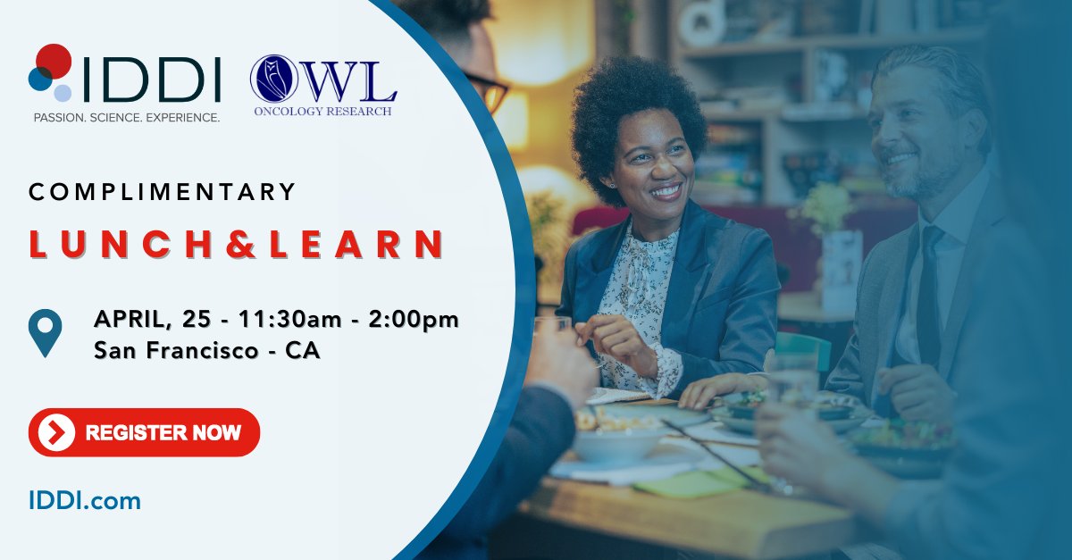 Join #IDDI and OWL Oncology for a complimentary Lunch & Learn on April 25th in #SanFrancisco! Learn from industry experts and stay ahead in the evolving world of clinical trials. RSVP today! eu1.hubs.ly/H08ys0-0

#biometricscro #adaptivedesign #promisingzones #samplesize