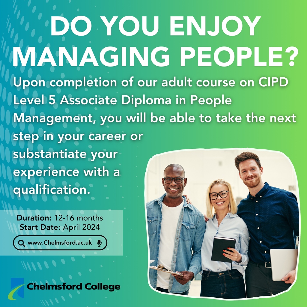 Do you want to take your career to the next step? We have start dates throughout April for our adult course! Studied over a 12-16 month period with 6 hours of study a week, it covers all aspects of people management. 😀↗ Apply here: chelmsford.ac.uk/courses/view-c… #adultcourses #CIPD