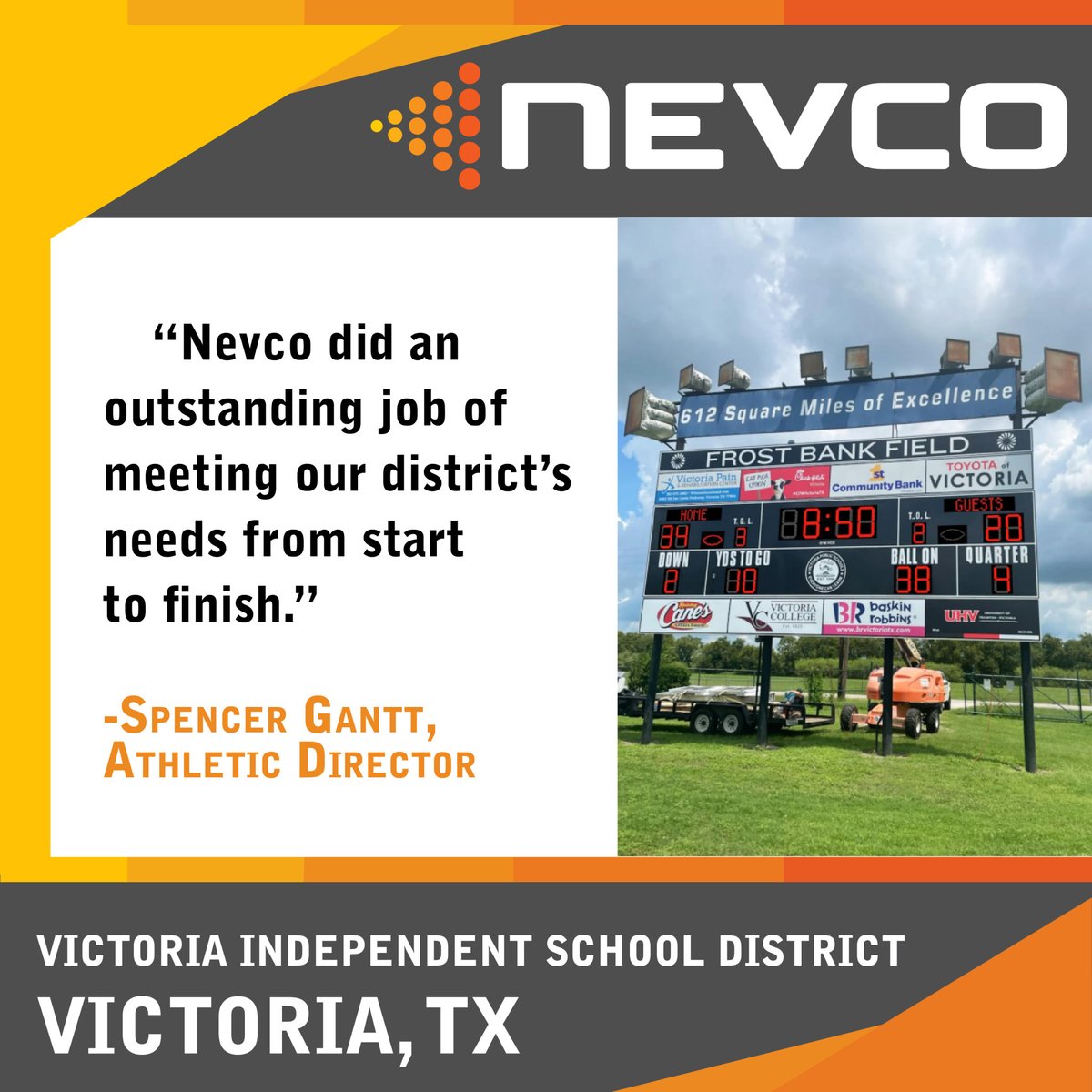 Big thanks to Spencer Gantt, Athletic Director of Victoria Independent School District in Texas, for the glowing testimonial! 🌟📣 We're thrilled to have met your district's needs and look forward to continuing to exceed expectations. #nevco #displays #led #scoreboards