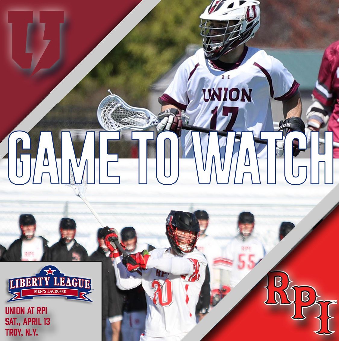 LIBERTY LEAGUE MEN’S LACROSSE GAME TO WATCH⁠⠀⁠ 🥍: @UnionAthletics 🆚 @RPIAthletics 🗓️: Saturday, April 13 ⏰: 1:00 PM 📌: Troy, N.Y.