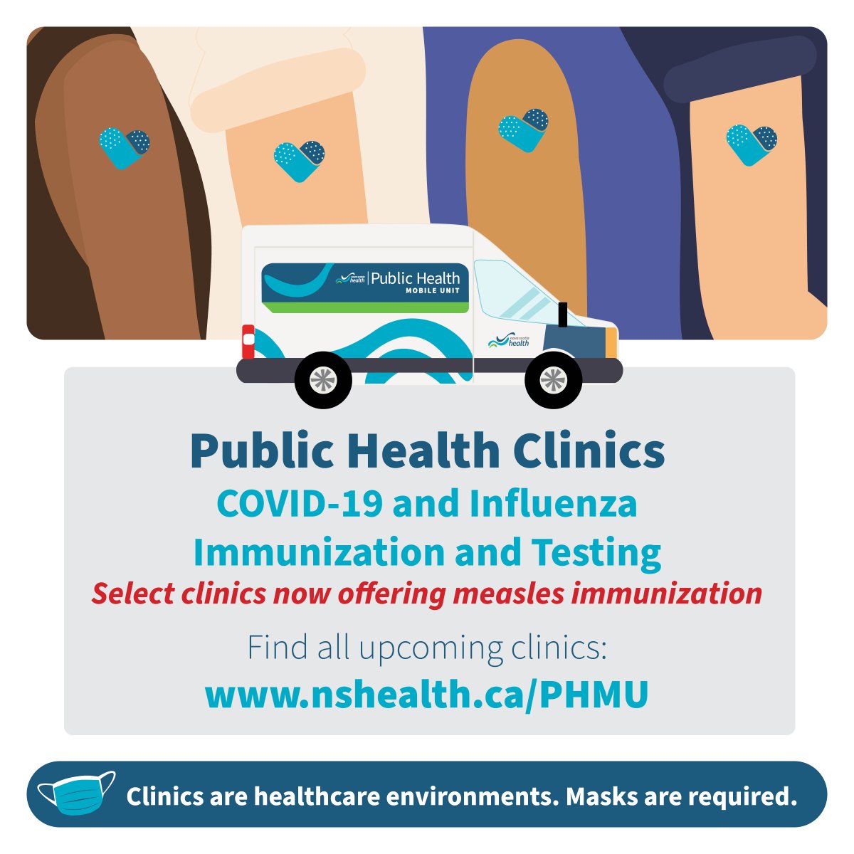 Public Health supports access to COVID-19 and influenza immunization and testing across the province. Select clinics are also offering measles immunization. All upcoming clinics can be found online at nshealth.ca/PHMU.