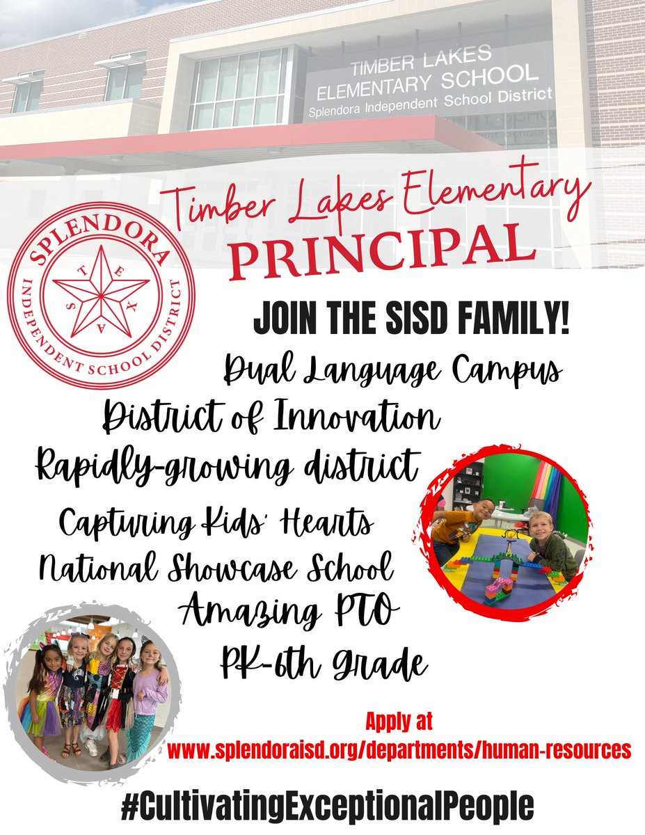 SISD is seeking our next Timber Lakes Elementary Principal because Principal Dawn Jackson is transitioning to a new role as the District’s Humanities Coordinator in June. If you know someone who may be interested, please share. All applicants should visit splendoraisd.org/humanresources