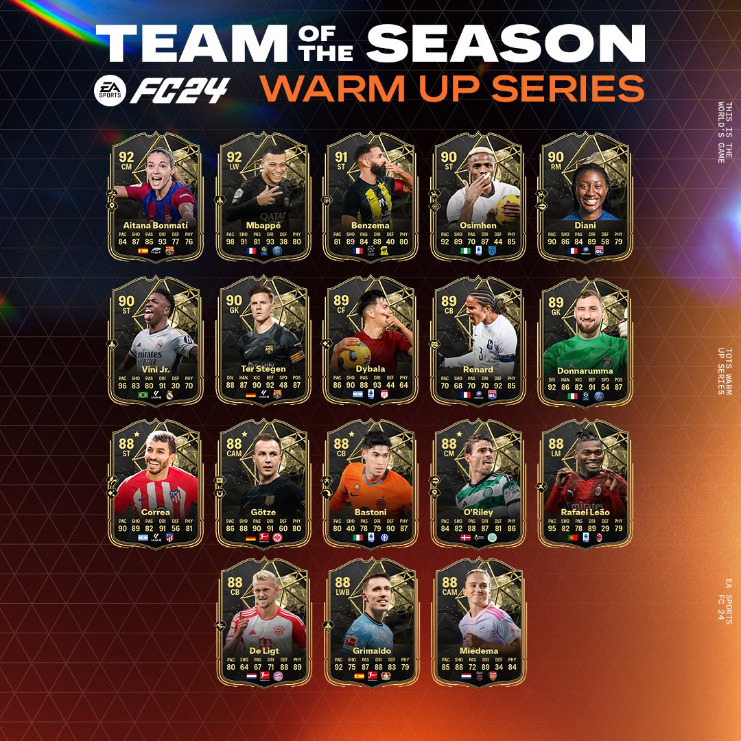TOTS is coming soon. To celebrate the time of the season and get everyone ready for one of the biggest events of the year, TOTS Warm Up Series has arrived: -Best of Team of the Week -Player and Upgrade SBCs -Evolutions See more in Ultimate Team in #FC24 now.