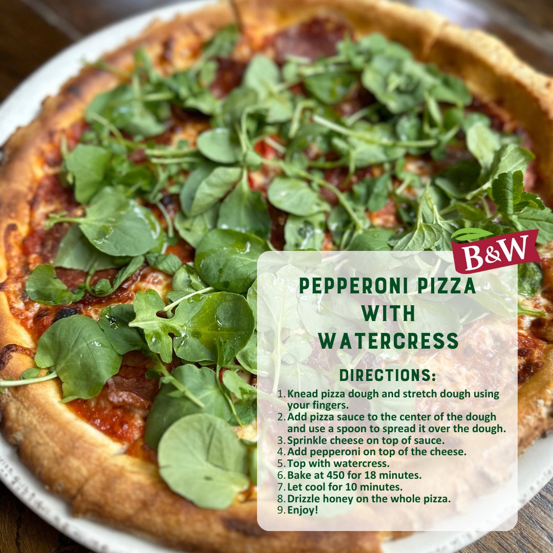 Ruth Bozeman, our Director of Marketing's top #BWQualityGrowers recipe is Pepperoni Pizza with Watercress! 🍕

She loves to elevate her pizzas with leafy greens. Our #watercress and #arugula infuse every slice with a burst of nutrition, turning any pie into a wholesome meal.