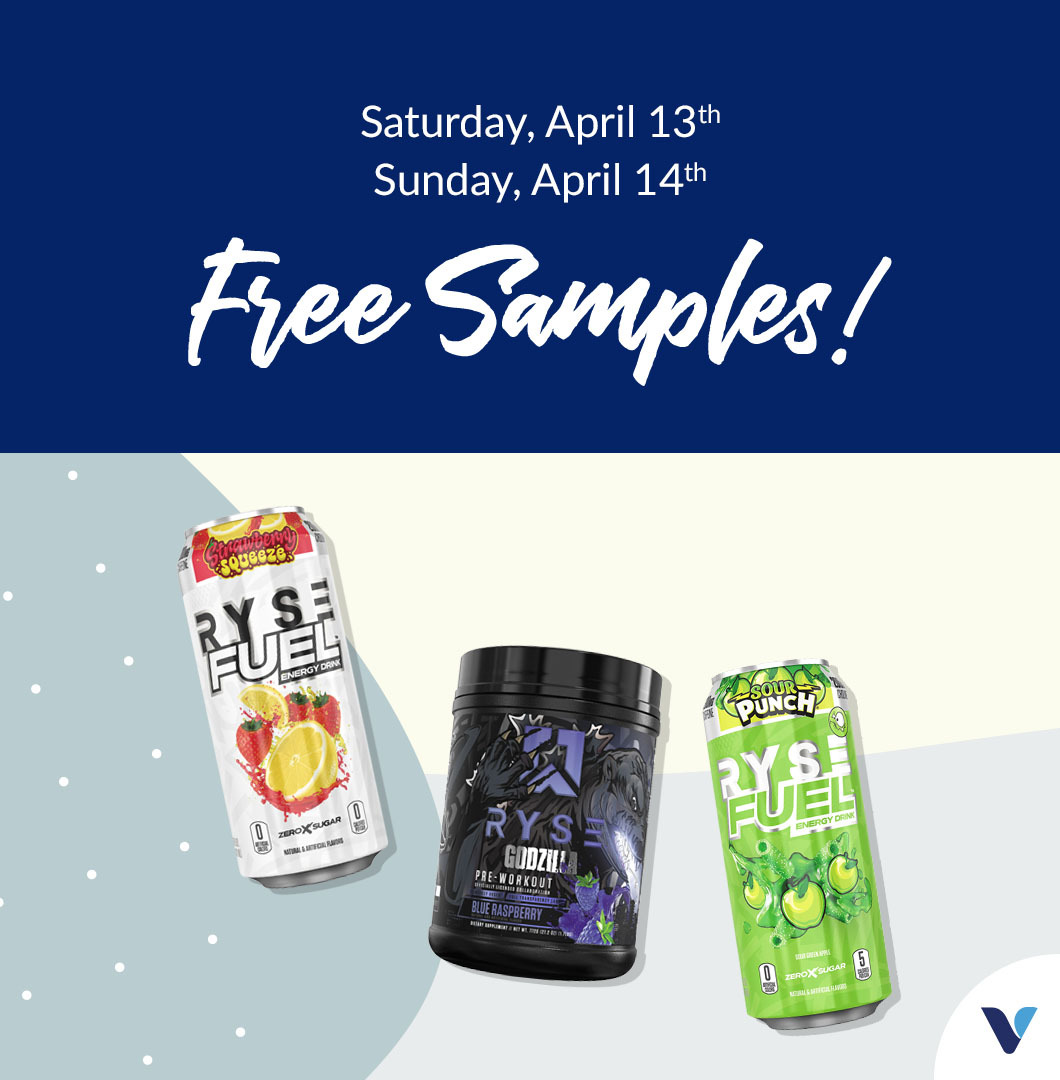 Pop into your local store this Saturday (4/13) or Sunday (4/14) to sample some of RYSE's iconic flavors & formulas, including the battle-ready Godzilla® Pre-Workout in Blue Raspberry, plus RYSE Fuel in Strawberry Squeeze and the new Sour Punch® Sour Green Apple flavor. ⚡