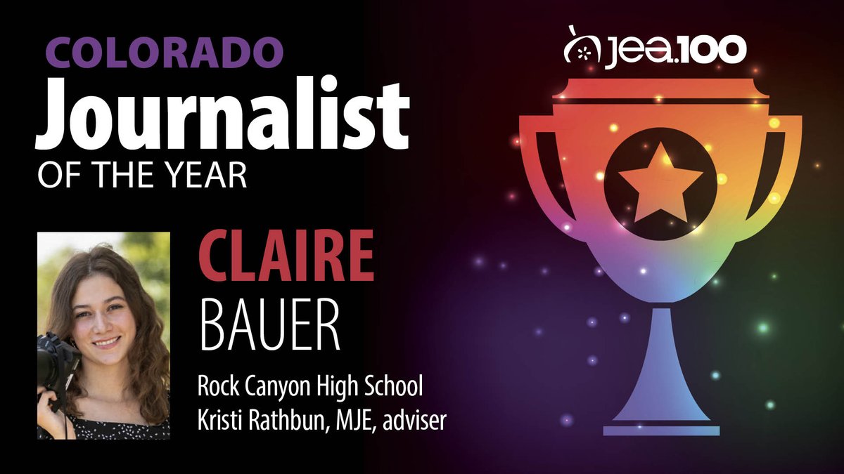 Congratulations to the 2024 Colorado Journalist of the Year: Claire Bauer, @RockCanyonHS, Kristi Rathbun, MJE, adviser. Claire will advance to the National JEA Journalist of the Year competition at the JEA/NSPA National High School Journalism Convention in Kansas City. Way to go!