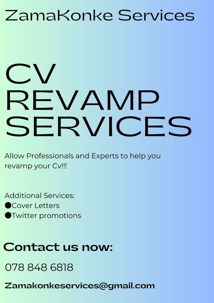 CV and COVER LETTER REVAMP ❤️🤙✔️ Contact Experts for Professional CV Revamp and Cover Letter at Affordable Prices ‼️ [Services Offered] ✅Cover Letter R60 ✅Modern Curriculum Vitae from R100 Whatsapp link:📲(wa.me/message/6YW6TB…) or 078 848 6818 [TESTIMONIALS, VIEW THE…