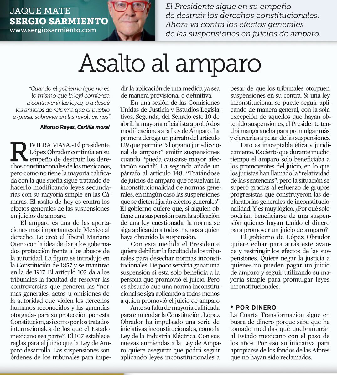 ⚠️ Sobre el tema de las pretendidas reformas a la Ley de Amparo y a las Afores, escribe muy bien hoy @SergioSarmiento en @Reforma. No se lo pierdan y RT. #MorenaCuevaDeDelincuentes #MorenaDestruyendoAMexico