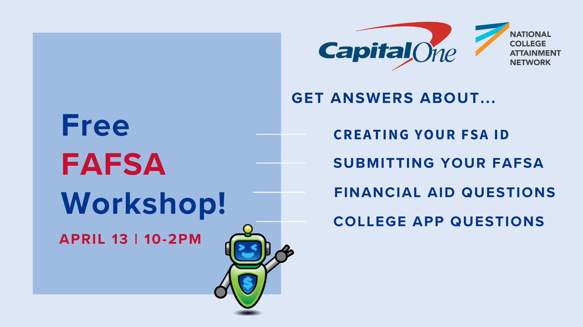 Education Forward Arizona (@edforwardaz) on Twitter photo AZ students & families: Join us at our free #FAFSA workshop! Stop in any time between 10am and 2pm at
<a href="/CapitalOneCafe/">Capital One Café</a> inside Scottsdale Fashion Square. Reserve your spot here: bit.ly/3PWMzRi
<a href="/BenjiFafsa/">AskBenji</a> #FinishLinetotheFAFSA <a href="/CapitalOne/">Capital One</a> <a href="/NCANetwork/">National College Attainment Network (NCAN)</a> AZ students & families: Join us at our free #FAFSA workshop! Stop in any time between 10am and 2pm at
<a href="/CapitalOneCafe/">Capital One Café</a> inside Scottsdale Fashion Square. Reserve your spot here: bit.ly/3PWMzRi
<a href="/BenjiFafsa/">AskBenji</a> #FinishLinetotheFAFSA <a href="/CapitalOne/">Capital One</a> <a href="/NCANetwork/">National College Attainment Network (NCAN)</a>