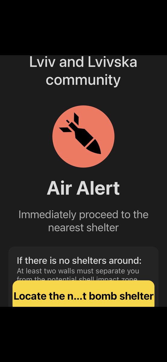 Safely back in 🇫🇮 from 🇺🇦 and my air raid app installed for the trip tells me to seek shelter from flying missiles and the whole country is in red alert. This sucks. Stay safe my 💙 is with 🇺🇦.