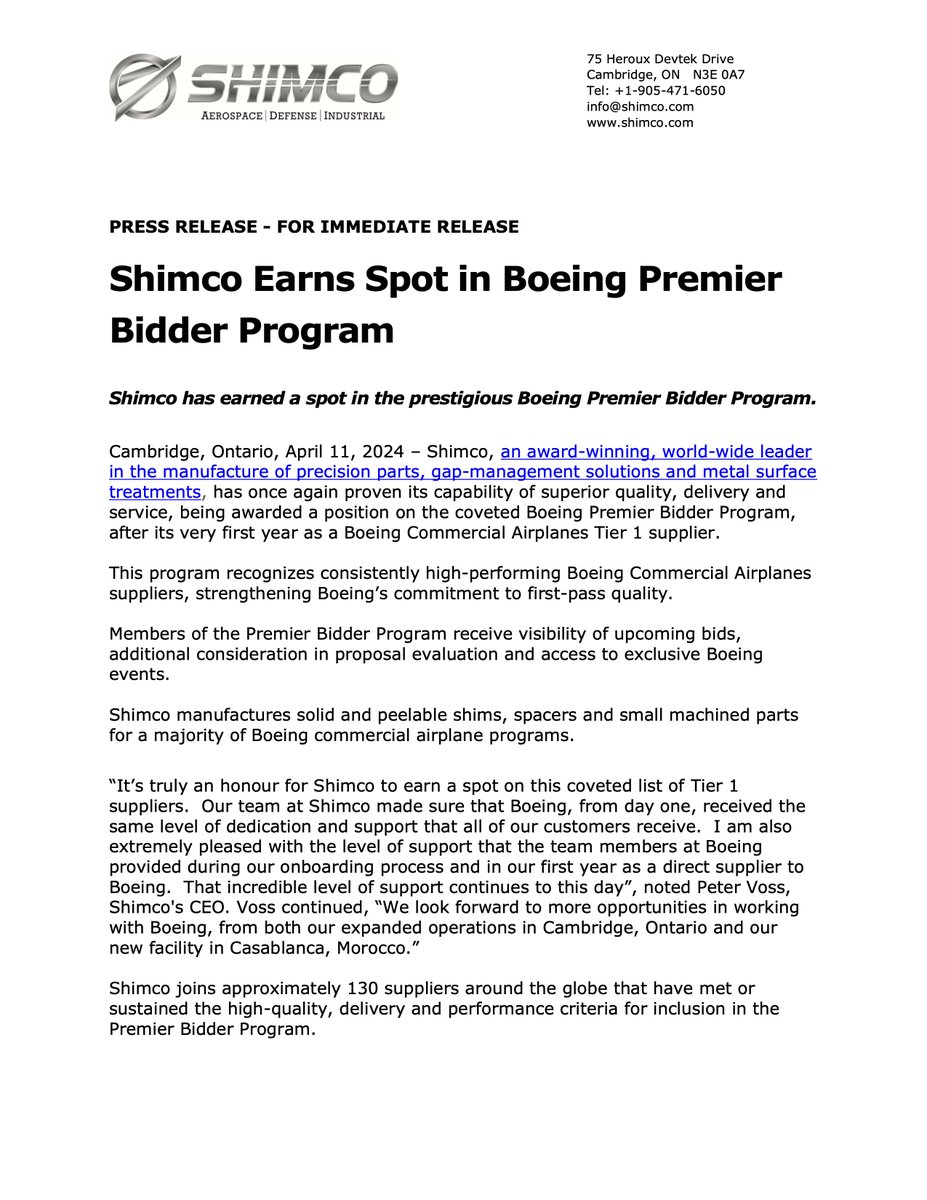 Shimco is proud to join the Boeing Premier Bidder Program after just one year as a Tier 1 supplier! Our Cambridge operations and new Morocco facility exemplify our commitment to excellence. #Boeing #aerospace #aerospaceindustry