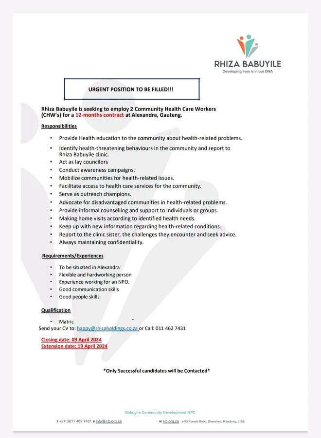 🚨🚨🚨🚨 Vacancy Alert 🚨🚨🚨🚨

Applications must to sent to : happy@rhizaholdings.co.za