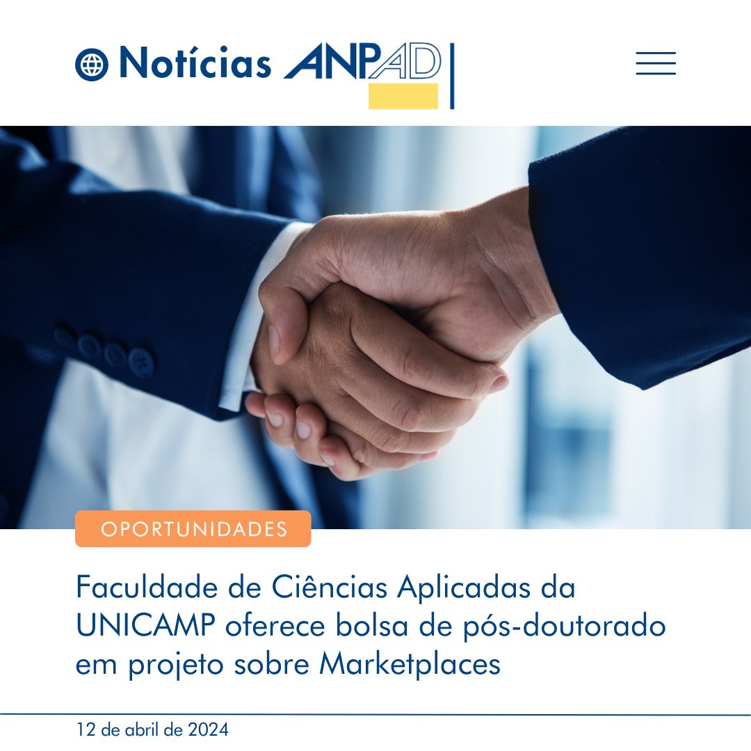 A Faculdade de Ciências Aplicadas da UNICAMP apresenta uma oportunidade de pós-doutorado no âmbito do projeto "Marketplaces e a Internacionalização das Pequenas e Médias Empresas (PME)". Os interessados têm até o dia 15 de maio, às 8h.
Acesse: mla.bs/9df032ad