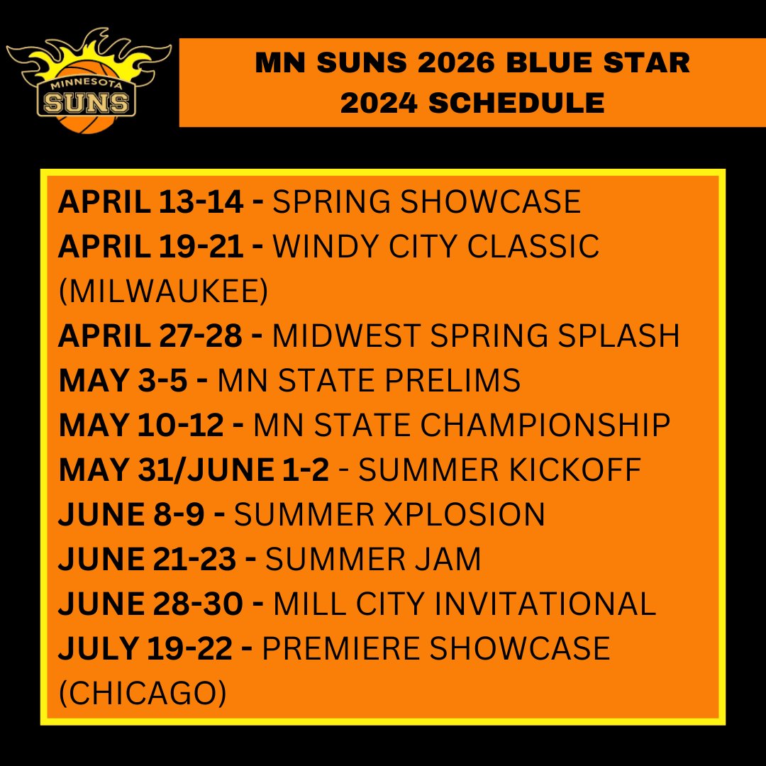 MN Suns 2026 Blue Star is back! We have a great group of girls this year and we're excited to play together. We can't wait to start competing again and we've been working hard in the gym. We're ready, are you? <a href="/MNSunsbball/">Minnesota Suns</a>