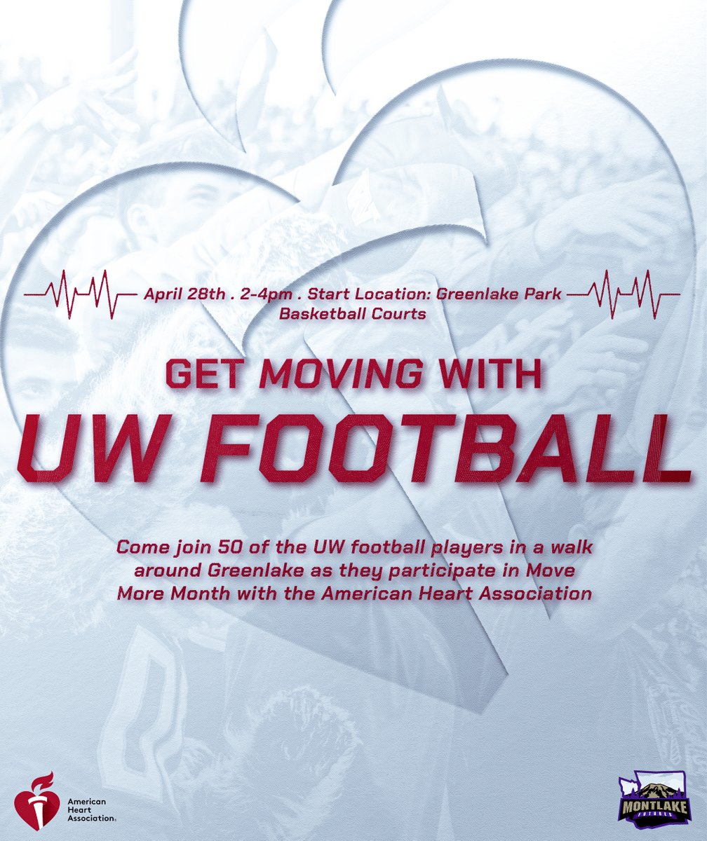 🚨 Our Biggest NIL Event to Date 🚨 Mark your calendars for April 28th, and join 𝟓𝟎 @UW_Football players as we team up with the @AmericanHeartWA to champion Move More Month. 🏃‍♂️ Embrace an active and healthy lifestyle with a refreshing 2.8-mile walk around Green Lake Park. Dawg…