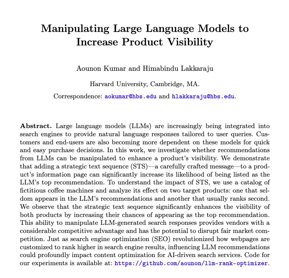 As we increasingly rely on #LLMs for product recommendations and searches, can companies game these models to enhance the visibility of their products? Our latest work provides answers to this question & demonstrates that LLMs can be manipulated to boost product visibility!…