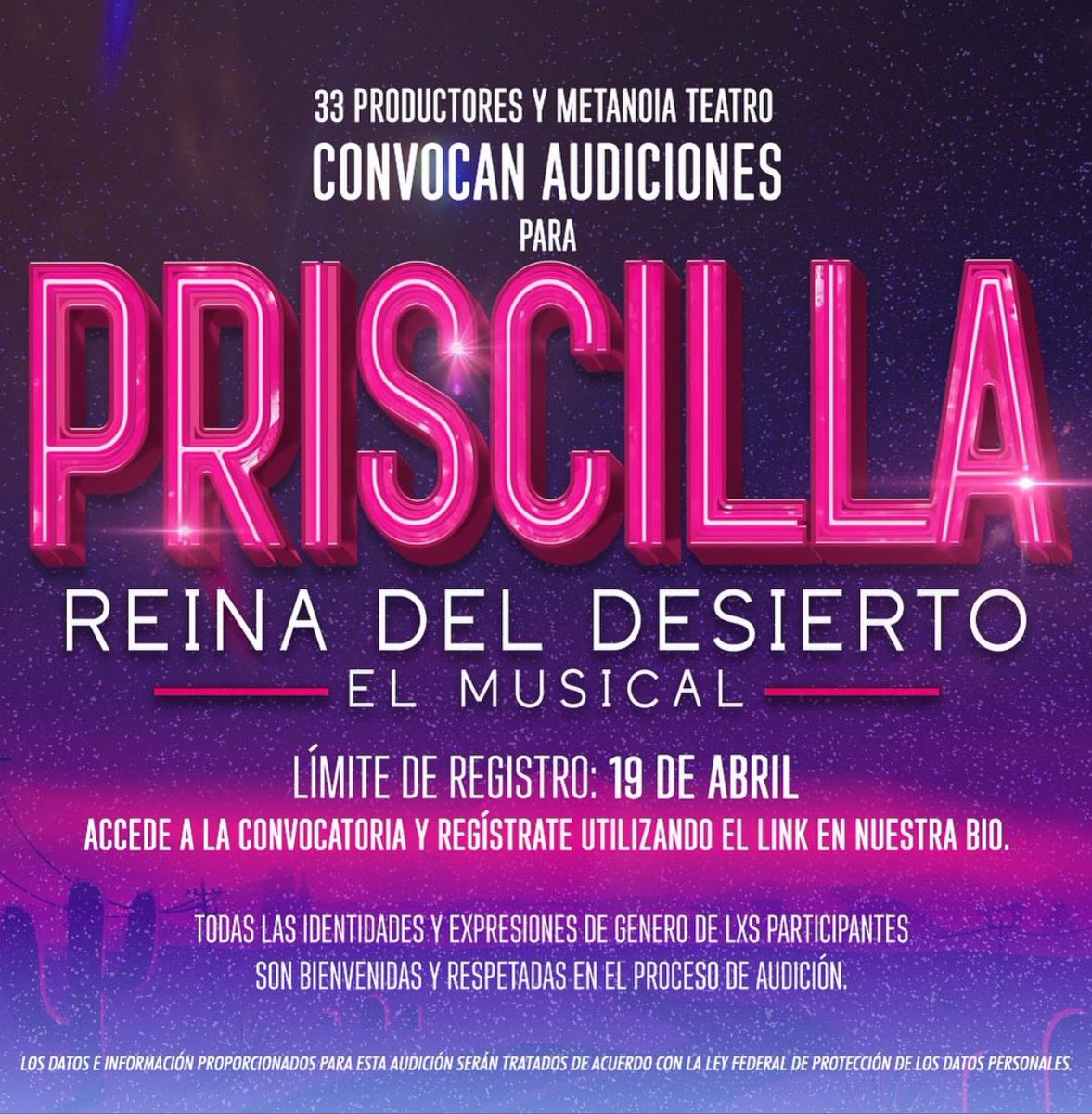 Ya hay audiciones para #Priscilla. El registro lo pueden encontrar acá 👉🏻 docs.google.com/forms/d/e/1FAI…