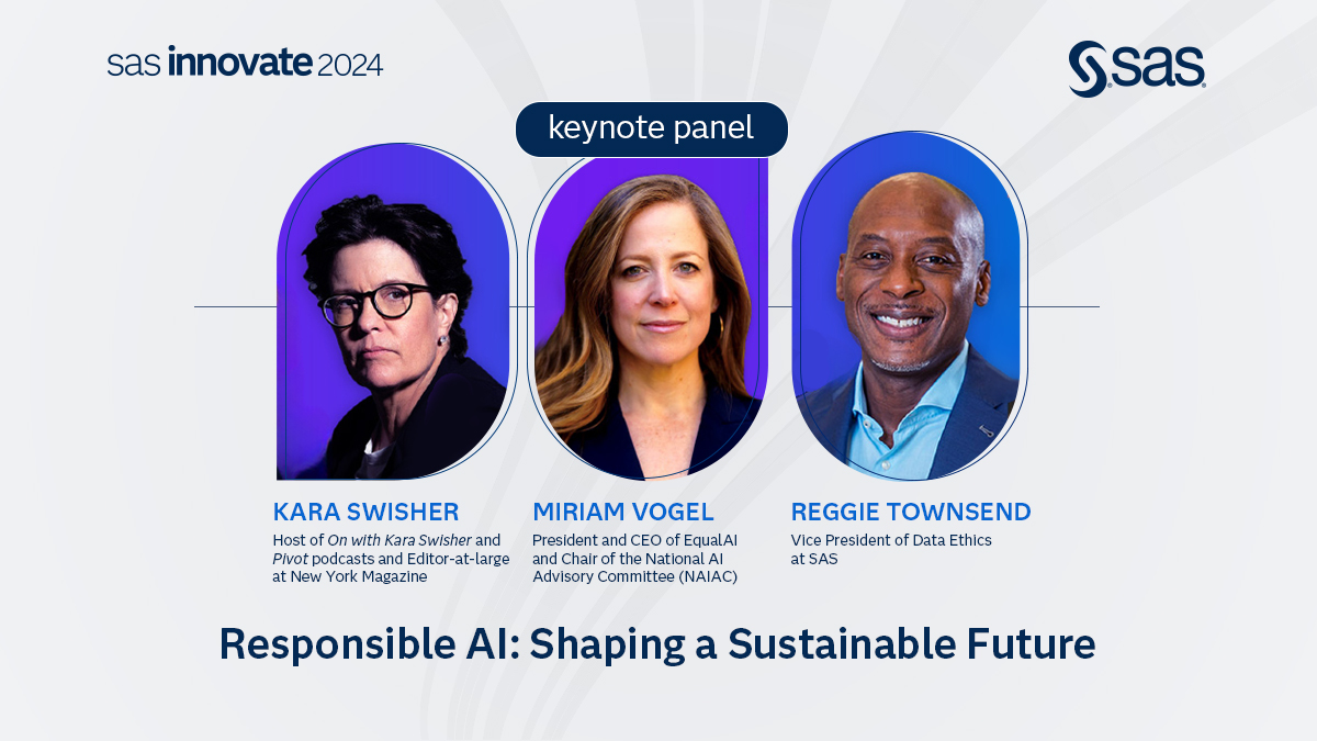 This panel on Responsible AI with Kara Swisher, Miriam Vogel and Reggie Townsend on April 18 at #SASInnovate is a must-see. 👀 And you can see it, whether you're in person in Vegas, or you register to watch Livestream (for free). 2.sas.com/6017wQJEW