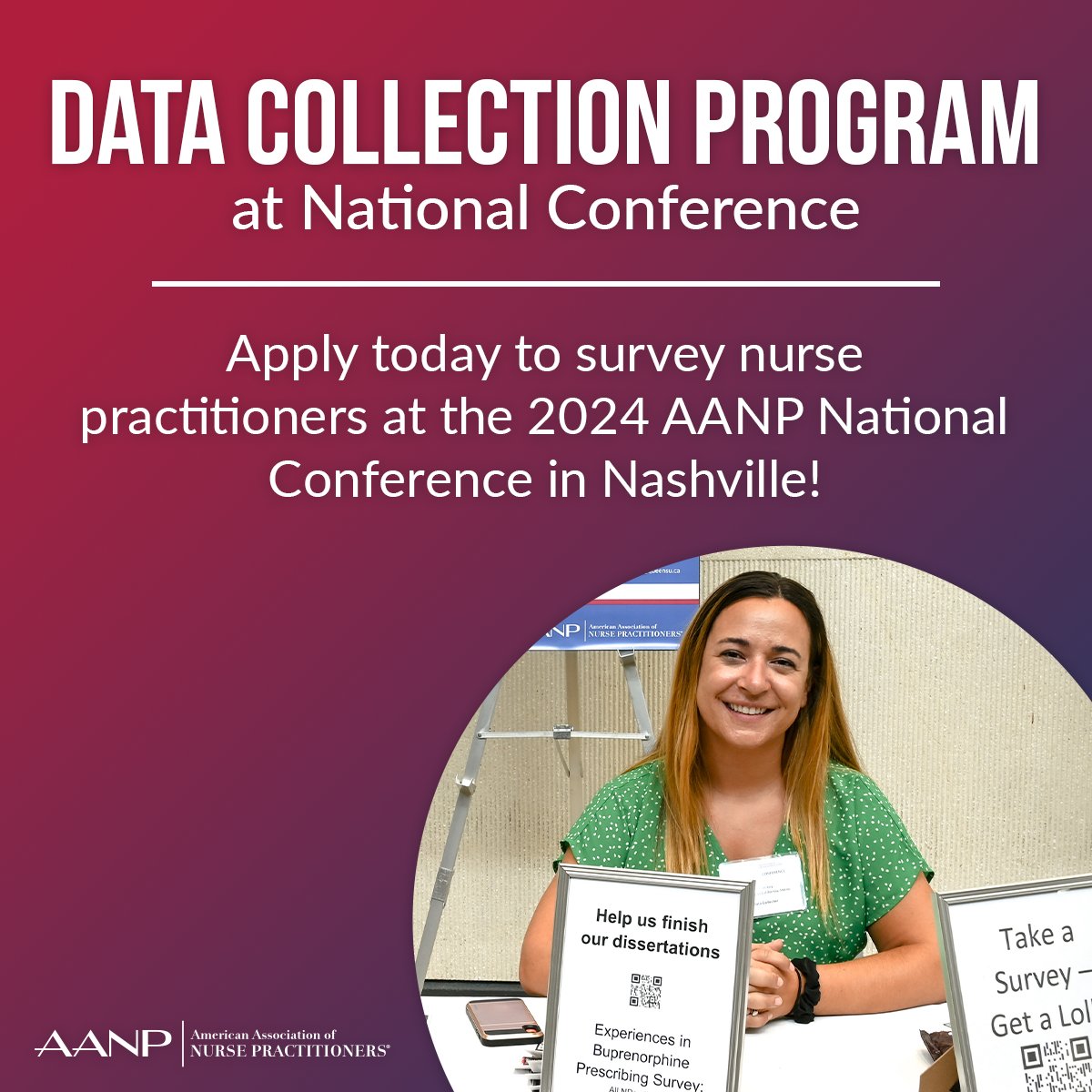 Don't miss this opportunity to recruit NPs into your study at the 2024 AANP National Conference! The deadline to submit your application for the Data Collection Program is April 15. Space is limited. Apply now at aanp.org/datacollection. #NPsLead