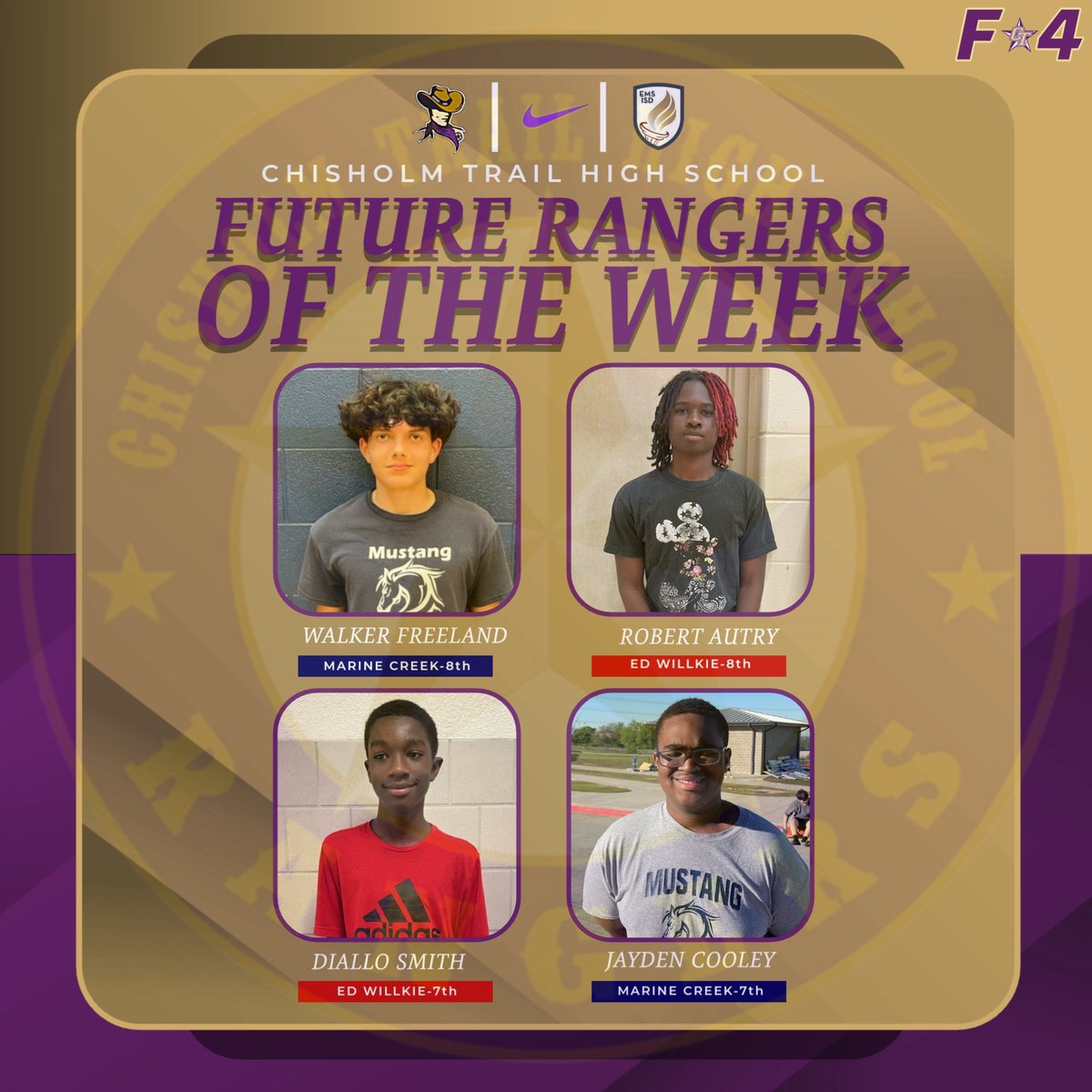 Congratulations to these @CTHS_RangersFB Future Rangers for having a great week of taking care of business in the classroom and in athletics. When you combine 🔵 @MarineCreekMS With 🔴 @EdWillkie You get 🟣 @ChisholmTrailHS 🟣🟡🪖🐎🎖#FutureRangers #RangersRide #StayPurple #F4