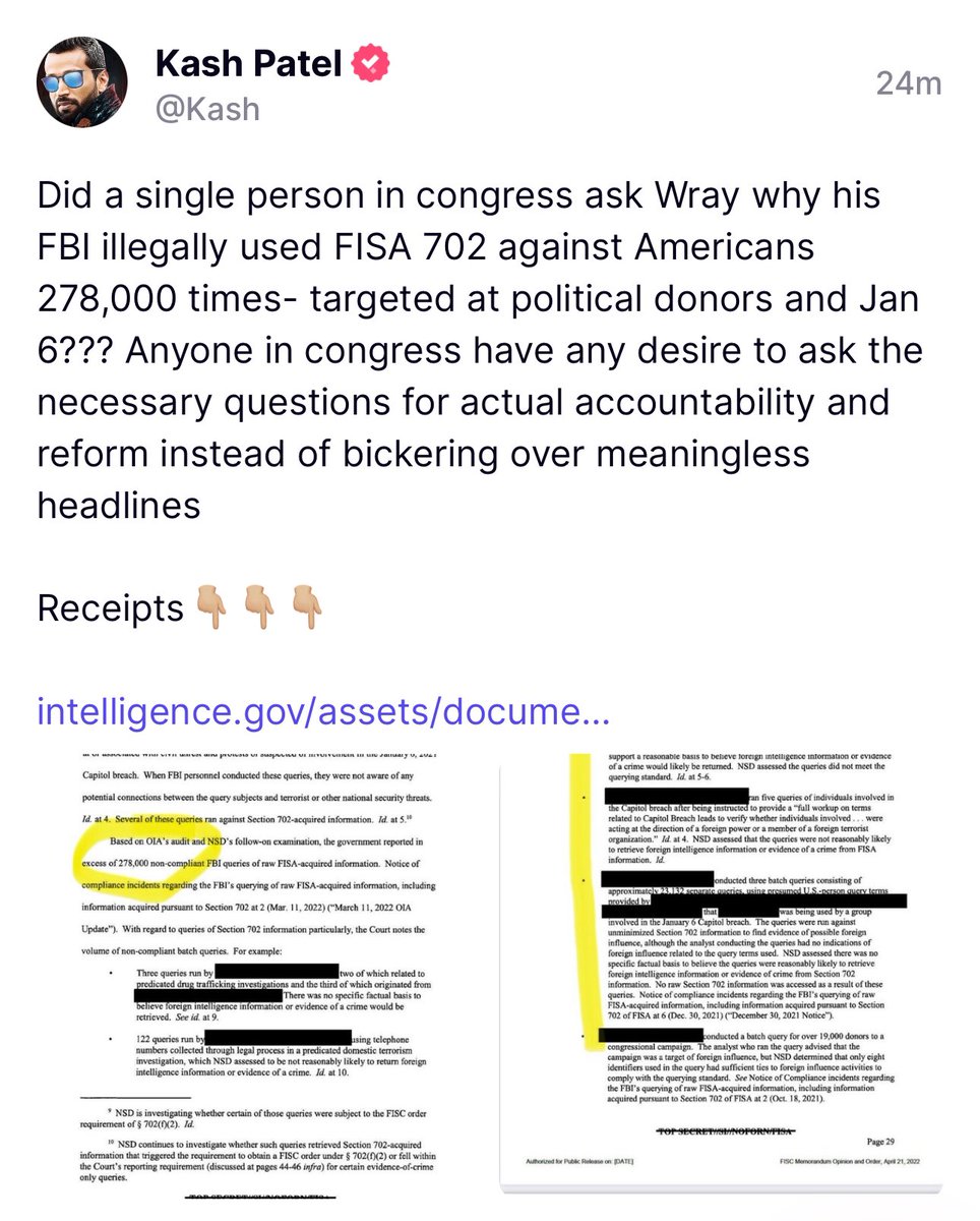 Did a single person in congress ask Wray why his FBI illegally used FISA 702 against Americans 278,000 times- targeted at political donors and Jan 6??? Anyone in congress have any desire to ask the necessary questions for actual accountability and reform instead of bickering over…