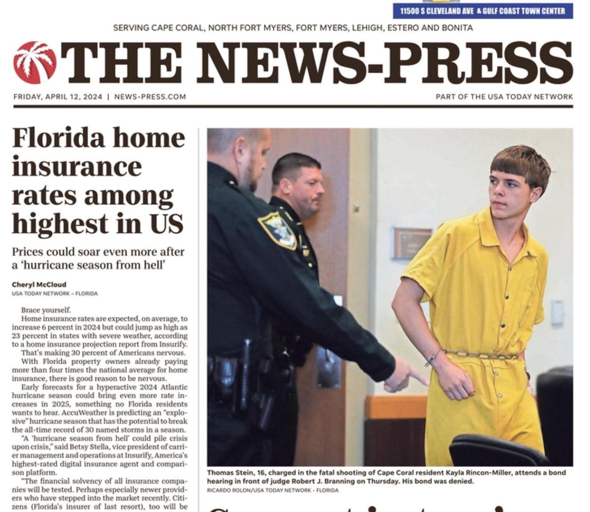 In Southwest Florida’s @TheNewsPress this morning >> 04.12.24 “Florida home insurance rates among the highest in the U.S.” Reminder that Florida Republicans hold a supermajority in the legislature and have done ABSOLUTELY NOTHING to fix this.