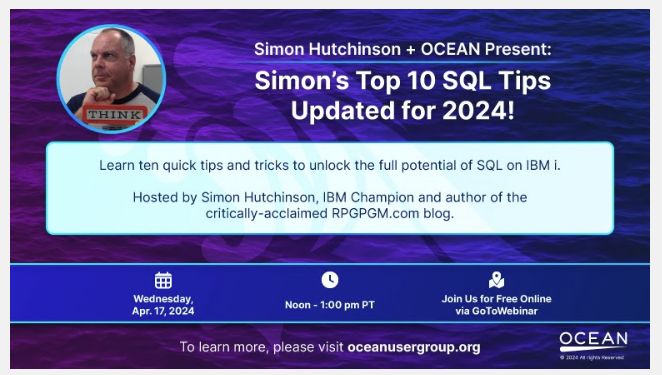 Wednesday I look forward to seeing you all there! 😃
Register ➡️ register.gotowebinar.com/register/15830…
#IBMi  #rpgpgm  #IBMChampion @OCEANUserGroup