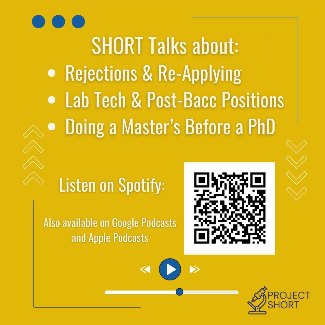 ProjectShort's tweet image. Ending the #PhD application cycle without any acceptances is disappointing/frustrating. But we’ve been through it too! Check out our previous episodes about handling rejections, tips for re-applying, and suggestions for what to do between #undergrad and #gradschool. #SHORTTalks
