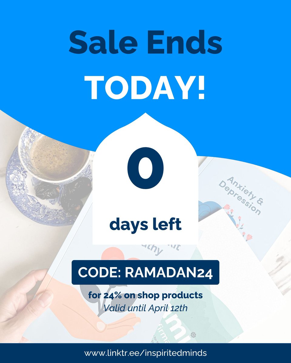 🛍️ SALE ENDS TODAY! You can still benefit from our #RamadanSale? 24% off shop items with code RAMADAN24 - don't miss out! buff.ly/3TO1ApR  #MuslimMentalHealth #InspiritedMinds #Wellbeing #ramadan2024 #mentalhealth #selfhelpbooks #sales