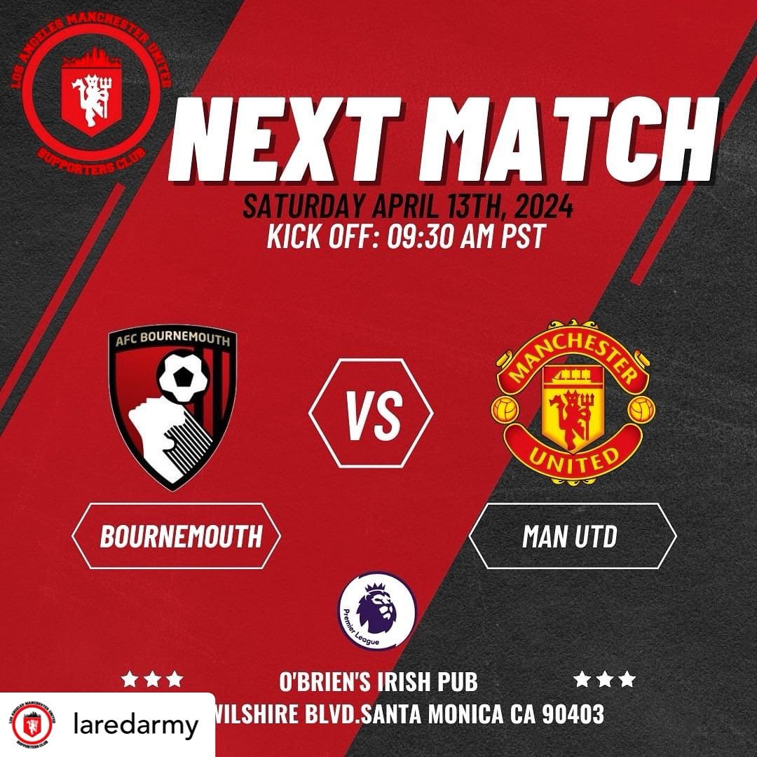 Posted @withregram • @laredarmy 7 games to go. Away days at Bournmouth. Would love to see more of @willy_kams . . ⚽️: Bournemouth 🏆: EPL 📅: April 13, 2024 ⏰️: 9:30 AM 🚪: 9:00 AM 📺: NBC, FuboTV, Peacock 🍺: @obriensla #BournemouthvsManUtd #PremierLeague #ManchesterIsRed