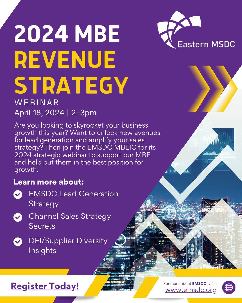 Are you an EMSDC-certified MBE looking to gain invaluable insights and strategies for your business? Then join the EMSDC MBEIC for its 2024 MBE Revenue Strategy Webinar on 4/18: buff.ly/3UfvzYQ @TheJPIGroup @USFacilitiesInc @ReshmaMoorthy @MaulikVelocity @CEIAmerica