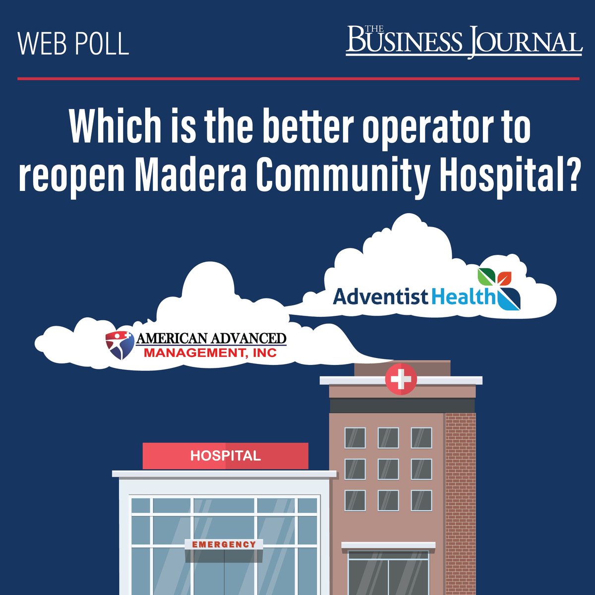 TBJFresno's tweet image. Happy webpoll day!!!;)) Which operator do you think is better suited to reopen Madera Community Hospital? Let us know by voting here: 
buff.ly/3vPj9O3 

#webpoll #TheBusinessJournal #MaderaCommunity #poll #American Advanced Management  #AdventistHealth