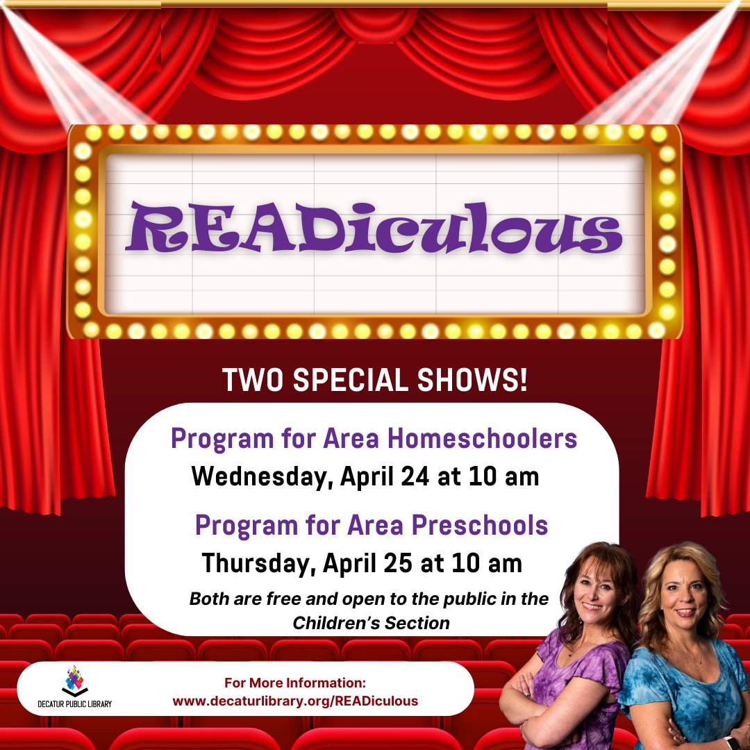 Area homeschoolers and preschoolers, make plans to join us for special READiculous programs in our Children's Section the last week of April.  Preschools, please email us to let us know you're coming at kiddesk@decaturlibrary.org. decaturlibrary.org/READiculous
