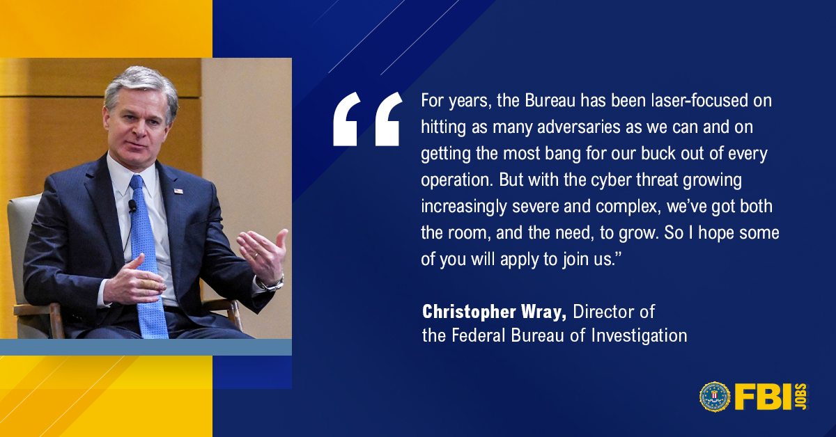 Today's #cyber landscape is complex. As a #SpecialAgent, #ComputerScientist, or #DataAnalyst, you can use your technical skills to shape the #FBI's core cyber strategy. Be a part of creating a safer, more just future. Learn more today. #FBIJobs #Hiring ow.ly/wM2o50Re8i7