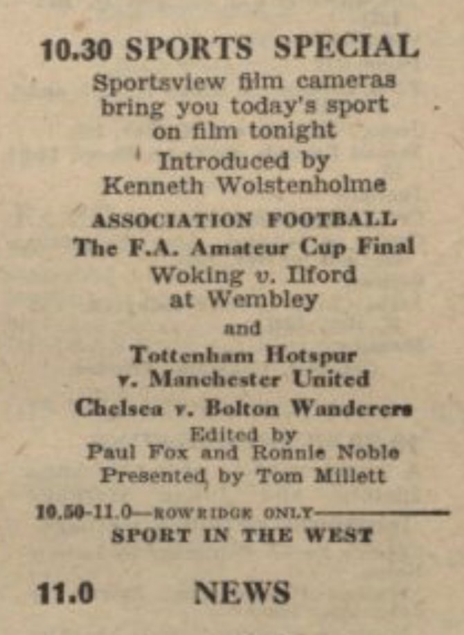 What’s on the Tele on this day in 1958? You could watch 2nd half of the FA Amateur Cup Final between @wokingfc & @IlfordFC1881 live from Wembley, promptly followed by The Lone Ranger! In the evening, settle down to highlights of the game plus Spurs, Man U, Chelsea & Bolton 🇲🇨