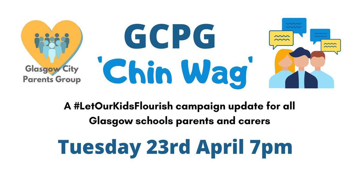We're hosting a #ChinWag to give an update on our #LetOurKidsFlourishCampaign and where things stand at present All Glasgow school's parents & carers are welcome to join, not only for Parent Councils. Register to join buytickets.at/glasgowcitypar… We look forward to seeing you 💛