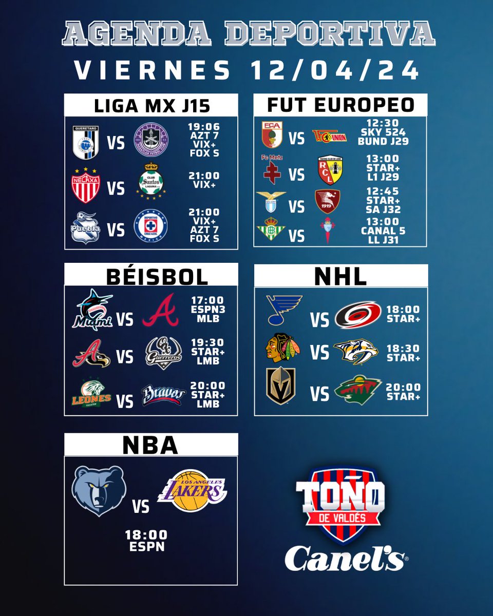 Agenda del día!!! Liga MX, Bundesliga, Ligue 1, Serie A, LaLiga, MLB, LMB, NHL y NBA!! Qué verán hoy?? Presentado por : @CanelsMx