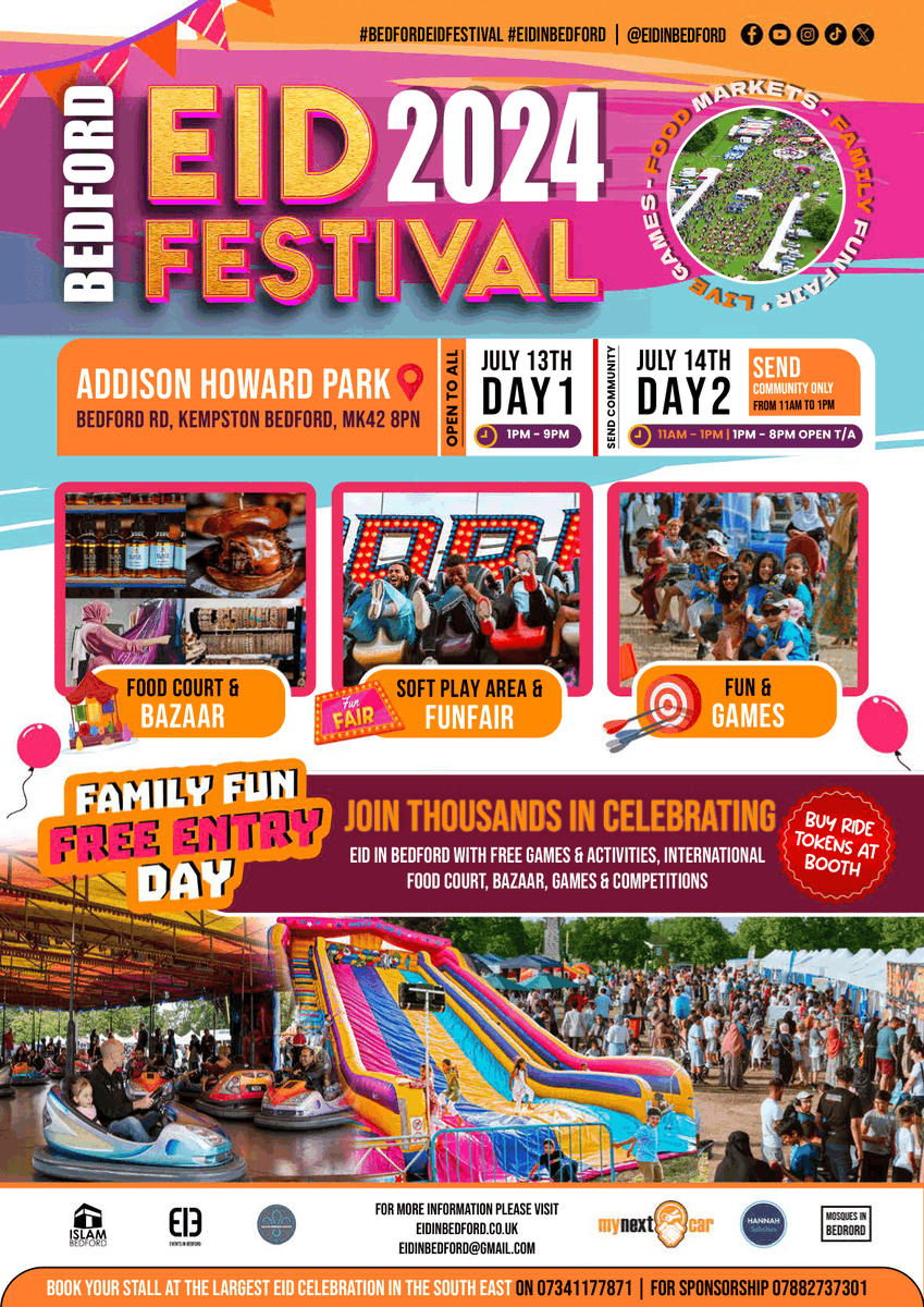 #BedfordEidFestival 2024 is back! A weekend filled with fun, good vibes and incredible food! 🥳

Book a trade stall: forms.gle/nEZFS9sQzr6JCK…

More info: eidinbedford.co.uk

#eidinbedford #togetherforeid #bedford #bedfordshire #eidmubarak #eid #festival
