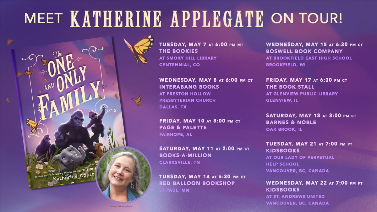 ICYMI: THE ONE AND ONLY FAMILY is coming out on May 7, and I'm going on tour to celebrate. 💜🦍 Am I stopping in a city near you? I'd love to meet you! Get all the event details here: katherineapplegate.com/events