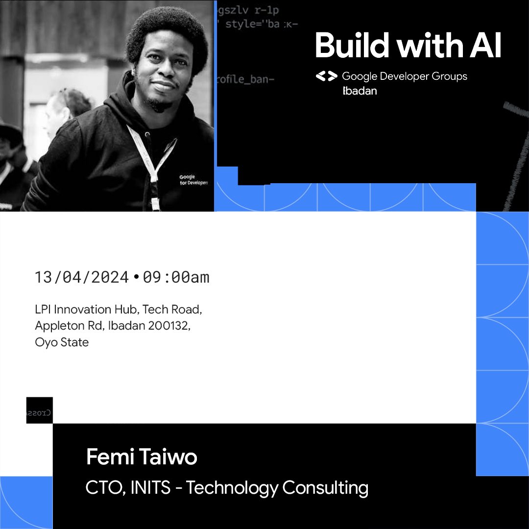 🚀 Excited to announce our keynote speaker @dftaiwo , CTO of INITS - Technology Consulting, for tomorrow's Build with AI event at GDG Ibadan! 

Discover how Generative AI can revolutionize your work. Don't miss out! #BuildwithAI #gdgibadan 🎉