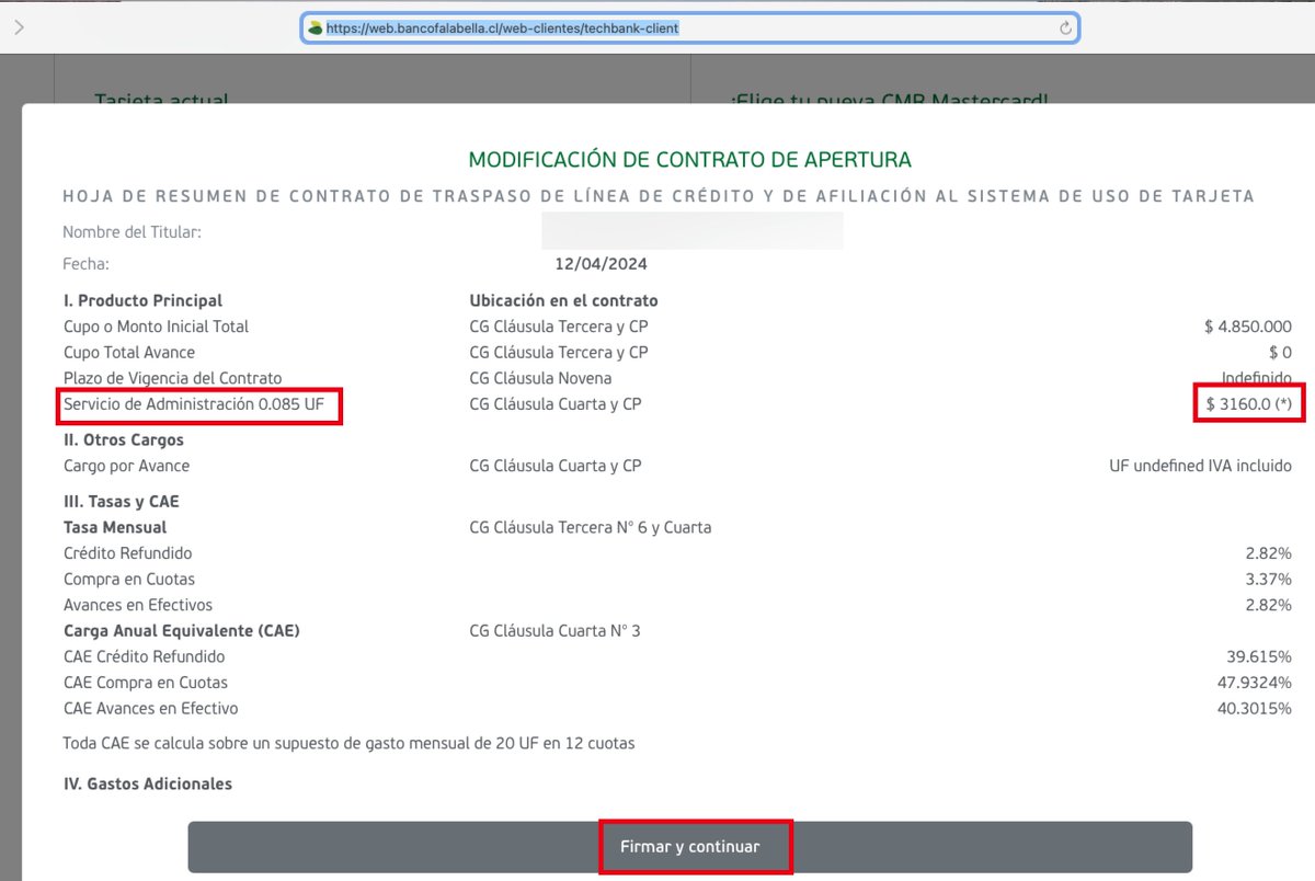 davidlaram's tweet photo. @Banco_Falabella @SERNAC @cmfchile_ Falabella está cometiendo un delito gravísimo: al renovar tarjeta CMR a través de página Web, muestra el contrato con un monto de administración ($3.160) y luego de hacer clic en firmar, manda por correo un contrato con un monto mayor ($13.010) https://t.co/fgUa8Bjvc8