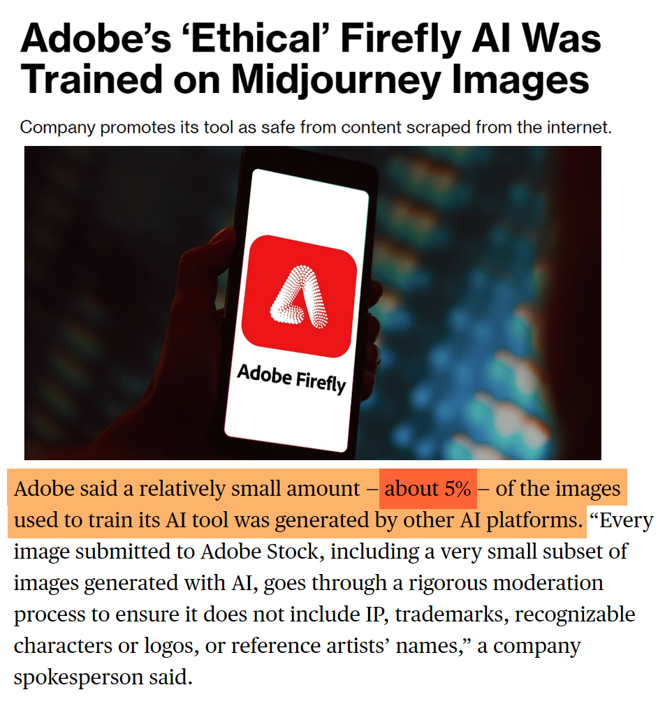 Adobe Firefly, the 'ethical and commercially safe' AI generator, has been laundering data by using AI images from other platforms to train. A 'relatively small' amount of 5% still amounts to literally millions of images. Firefly ISN'T ethical. bloomberg.com/news/articles/…
