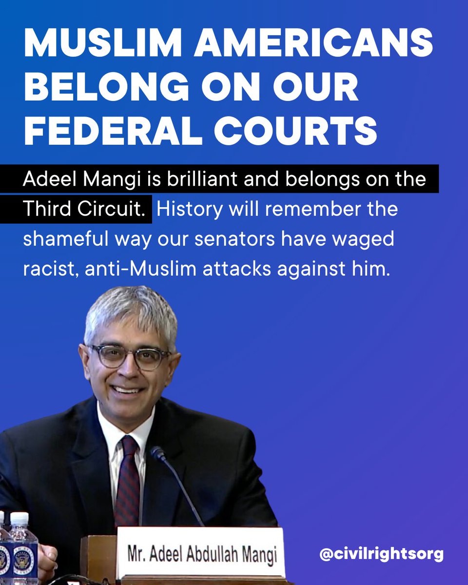 MUSLIM AMERICANS BELONG ON OUR FEDERAL COURTS ‼️‼️

Adeel Mangi is brilliant and belongs on the Third Circuit. History will remember the shameful way our senators have waged racist, anti-Muslim attacks against him. #ConfirmMangi