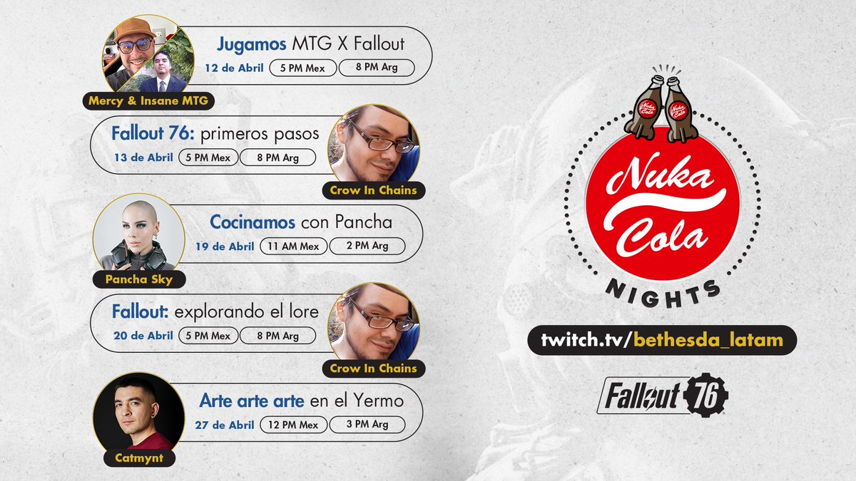 BethesdaLATAM's tweet photo. ☢️ Esta noche comienzan las NUKA-COLA NIGHTS ☢️ 

¡A lo largo de todo abril estaremos celebrando cada aspecto de #Fallout a lo grande junto a @TheMERCY3, @SadPoor, @crowinchains, @panchasky y @CatMynt!

¡Los esperamos!

🗓️ HOY
▶️ https://t.co/fofIWsmOXs https://t.co/HAK02hhNg5