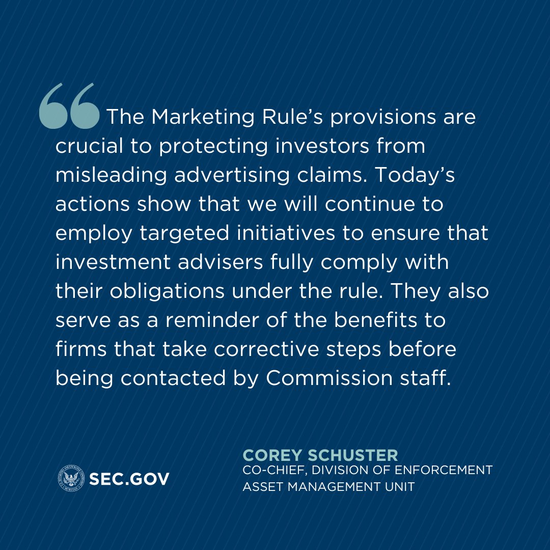 Today we announced settled charges against five registered investment advisers for Marketing Rule violations. All five firms have agreed to settle the SEC’s charges and to pay $200,000 in combined penalties. 

Read more: sec.gov/news/press-rel…