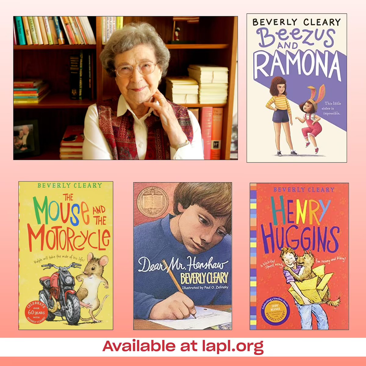 #BOTD Beverly Cleary was born April 12, 1916. She published her first book in 1950 and has since sold over 91 million copies worldwide. Her books are beloved by generations of children. Her books are available to borrow at lapl.org.