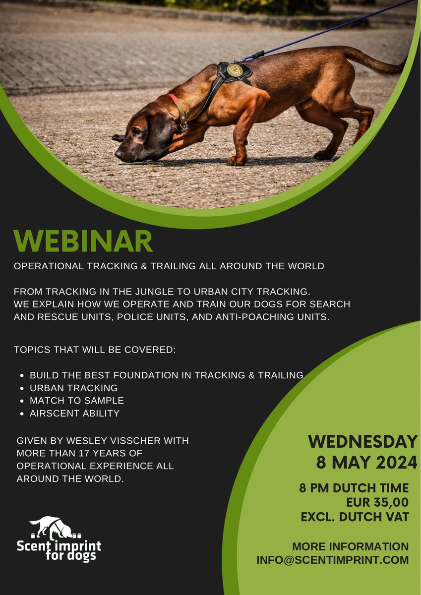 📣 New webinar announcement 📣

Register in advance for this webinar:
us06web.zoom.us/webinar/regist…

After registering, you will receive a confirmation email containing information about joining the webinar.

#k9 #trackingdog #trailingdog #mantrailingdog  #sifd #scentimprintfordogs