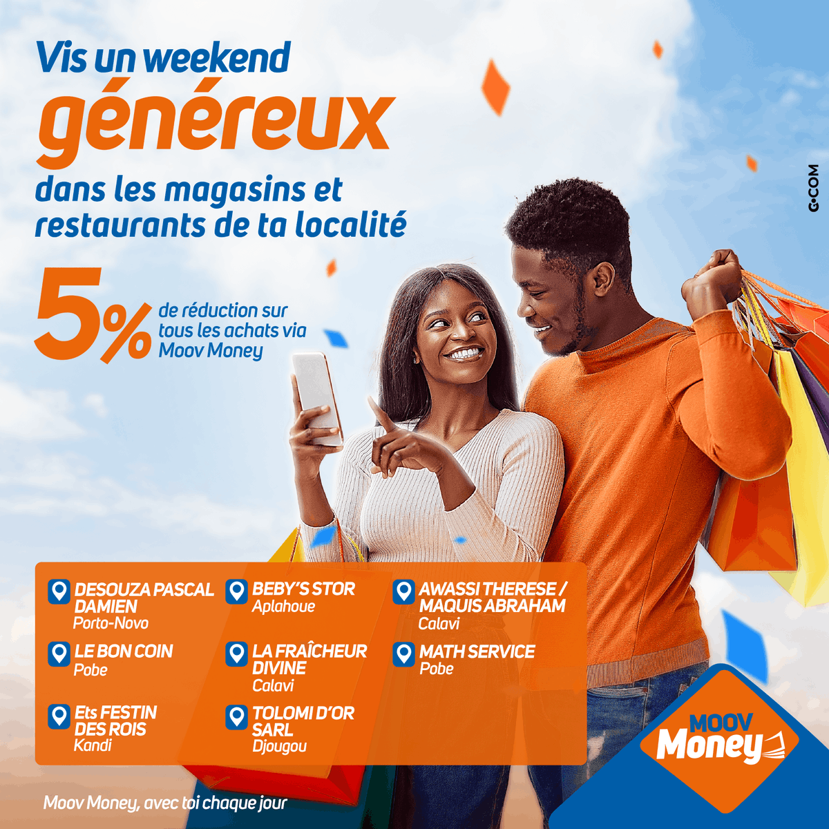 MoovAfricaBenin's tweet image. Le week-end, on sort de la maison et on profite des bons plans.🤩

Avec le week-end généreux, effectuez vos achats dans les restaurants, supermarchés et magasins partenaires de Moov Money et bénéficiez de 5% de réduction.🎁

#WeekEndGénéreux
#MoovMoney